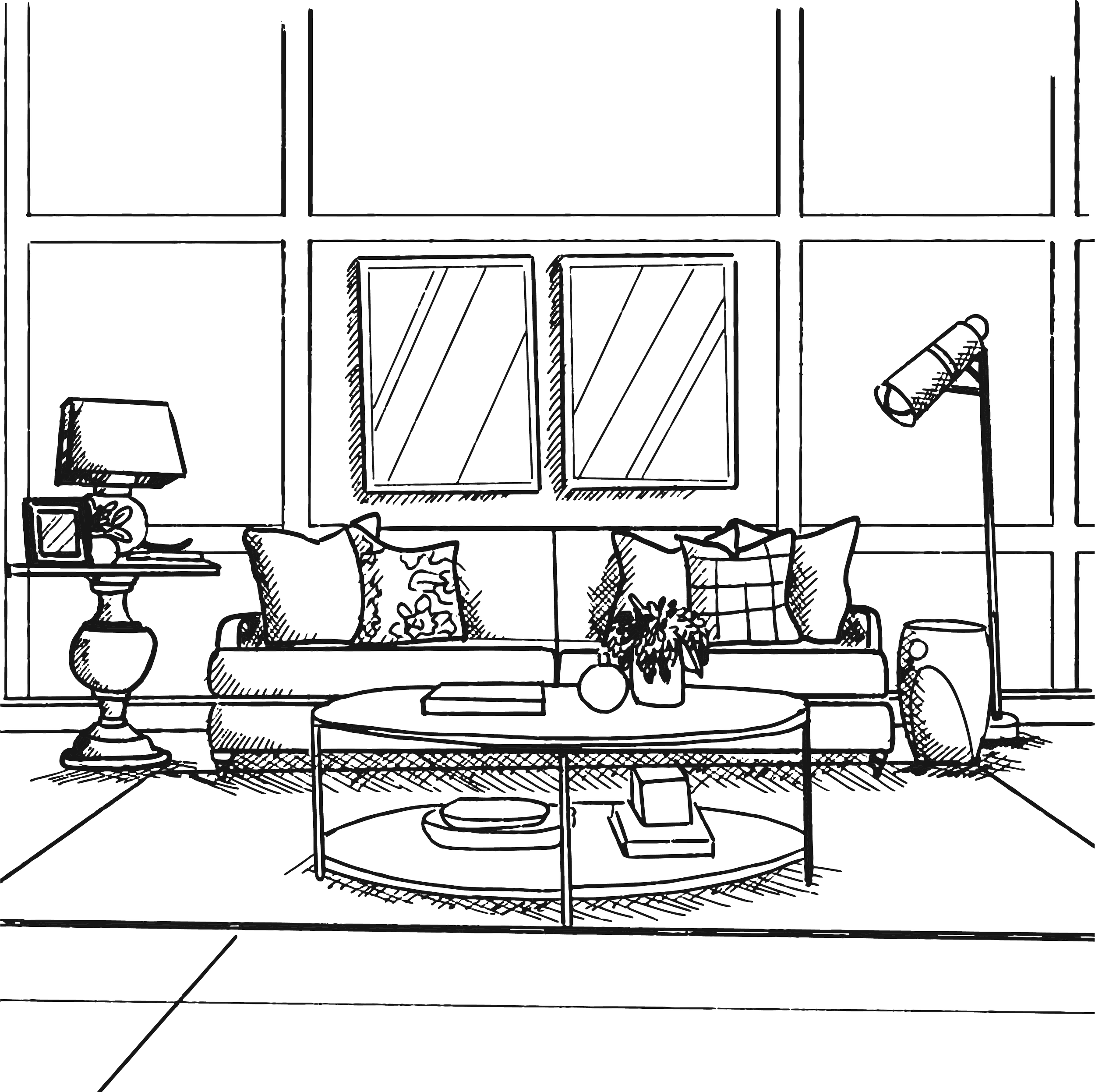 Line drawing of a living room with a sofa, pillows, coffee table, lamps, and a window.