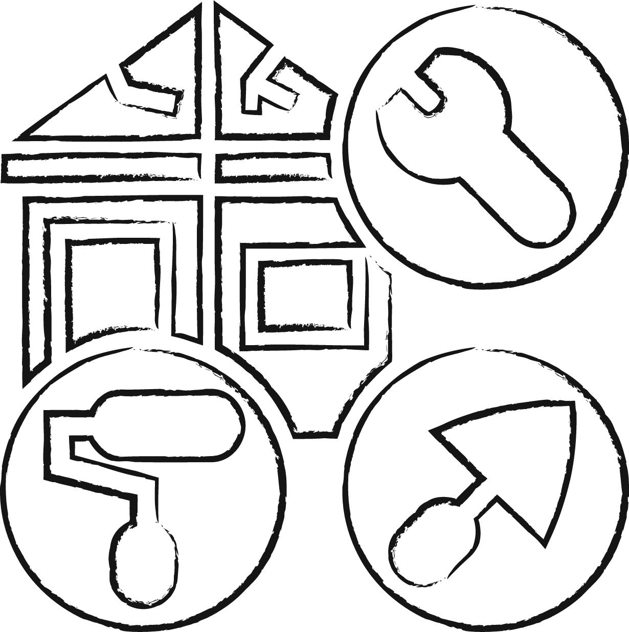 Line drawing of a house icon with a wrench, question mark, and dollar sign inside circles around it.