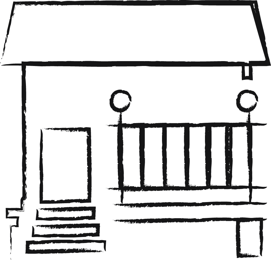 Hand-drawn sketch of a house with stairs leading to a front door and a porch with railing.