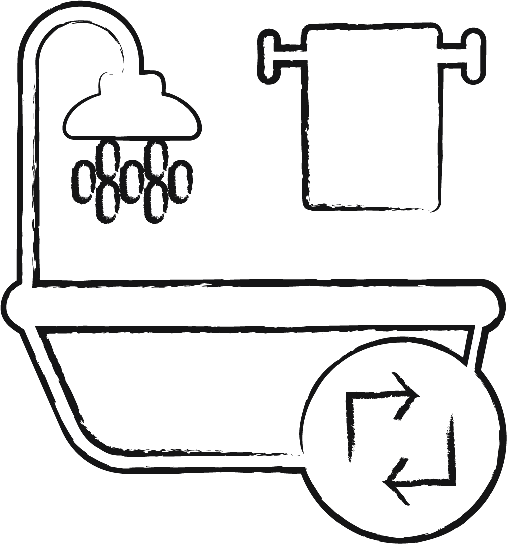 Outline of a showerhead with water droplets, a shower curtain rod with curtain, a bathtub, and a circular arrow symbol indicating renovations.