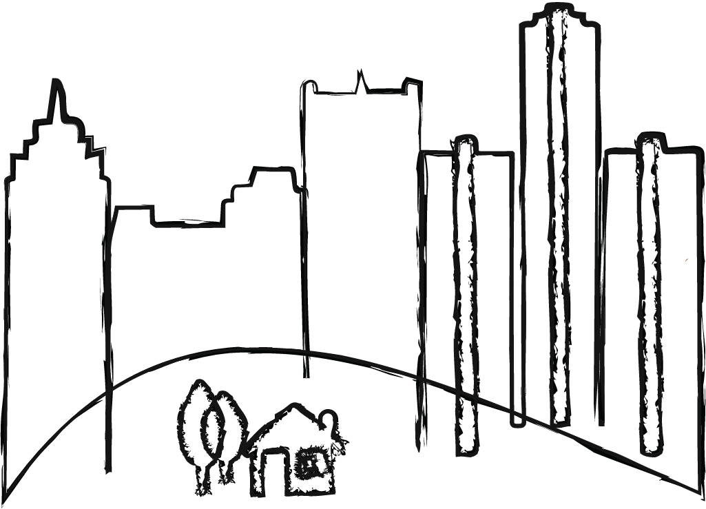 Outline of a city skyline with tall skyscrapers and a small house with trees in the foreground.