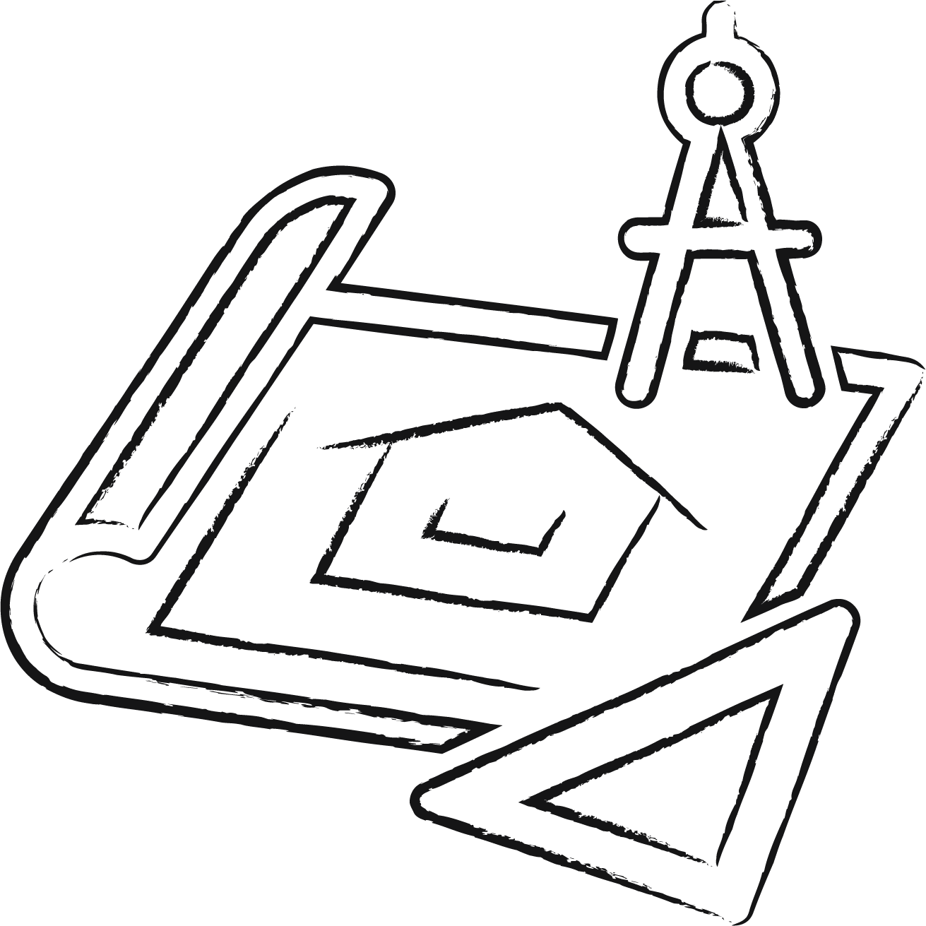 Engineering drawing tools including a compass, ruler, set square, and a technical drawing on paper.