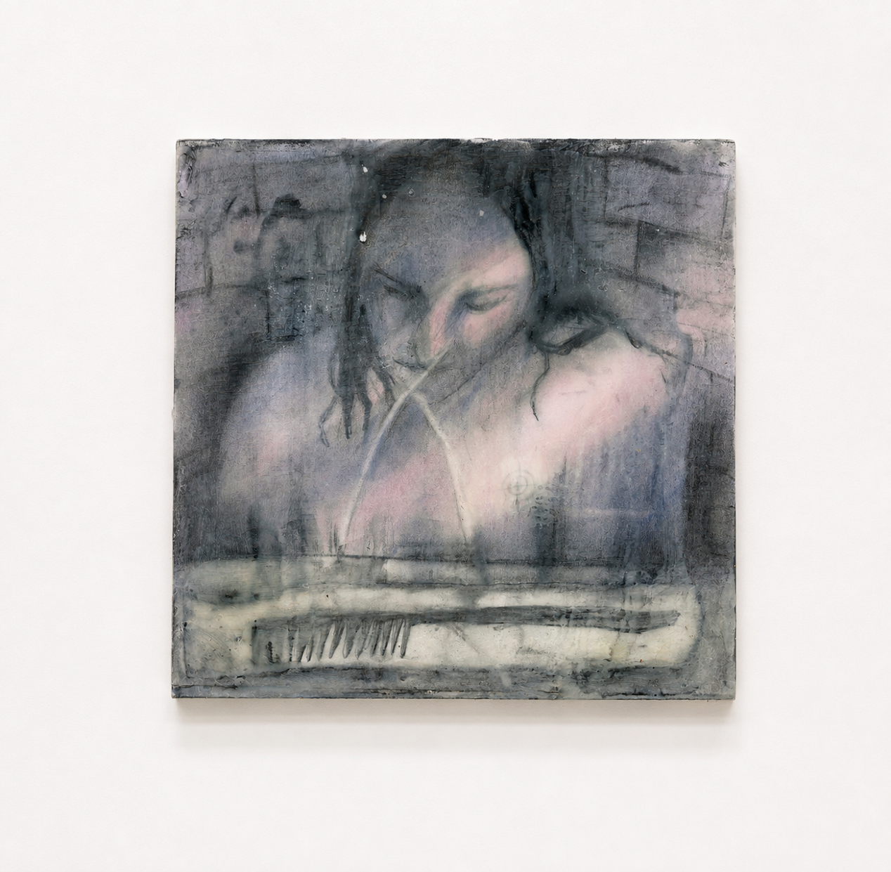 Bath,
Pastel, charcoal, collage, encaustic on panel
