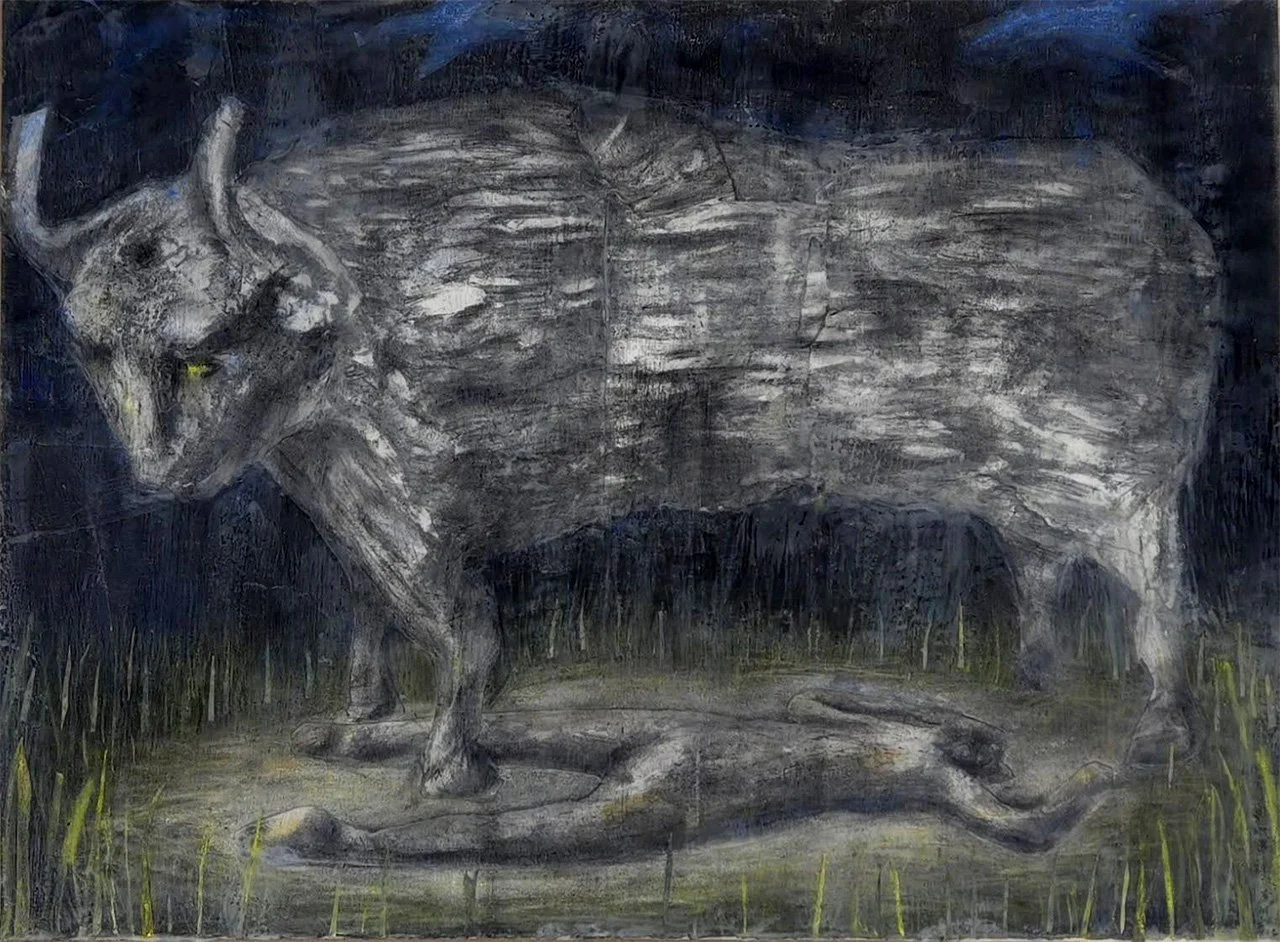 Hindsight,
28 x 35
Paint, charcoal, pastel, encaustic on panel
2025