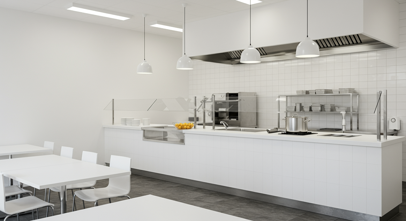 Empty modern kitchen with white cabinetry, stainless steel appliances, and three hanging pendant lights, with white tables and chairs in the foreground.