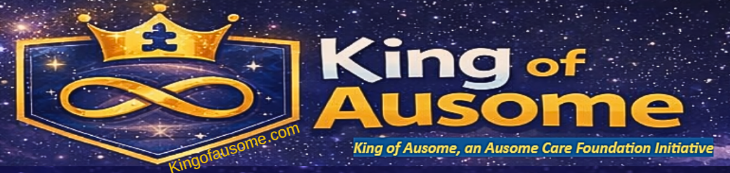 Logo for 'King of Ausome' featuring a crown, infinity symbol, and text on a starry background.