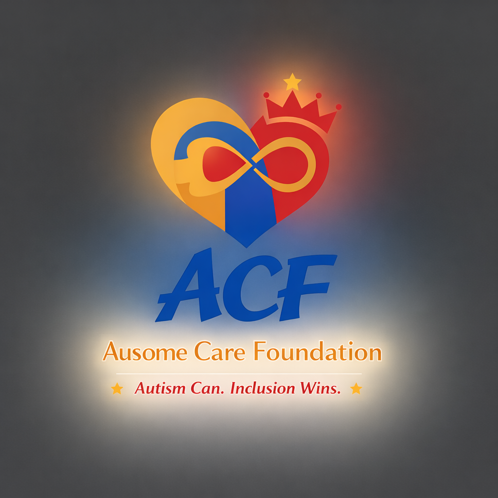 Logo of Ausome Care Foundation featuring a heart with a daffodil, a crown, and an infinity symbol in bright colors. The text reads 'ACF' and 'Ausome Care Foundation' with the slogan 'Autism Can. Inclusion Wins.'
