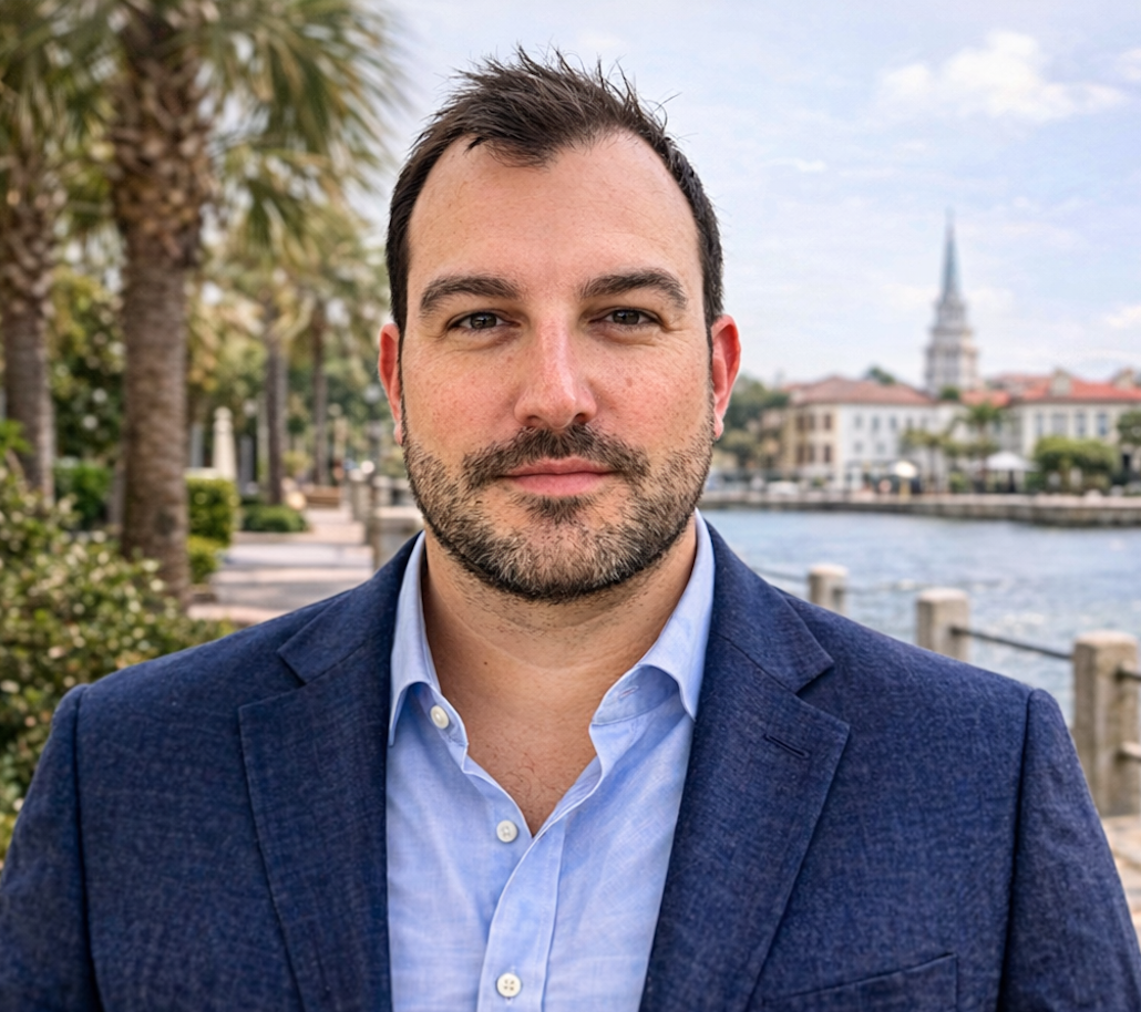 A man in a blue suit and light blue shirt standing outdoors near a waterfront with palm trees and a cityscape in the background.