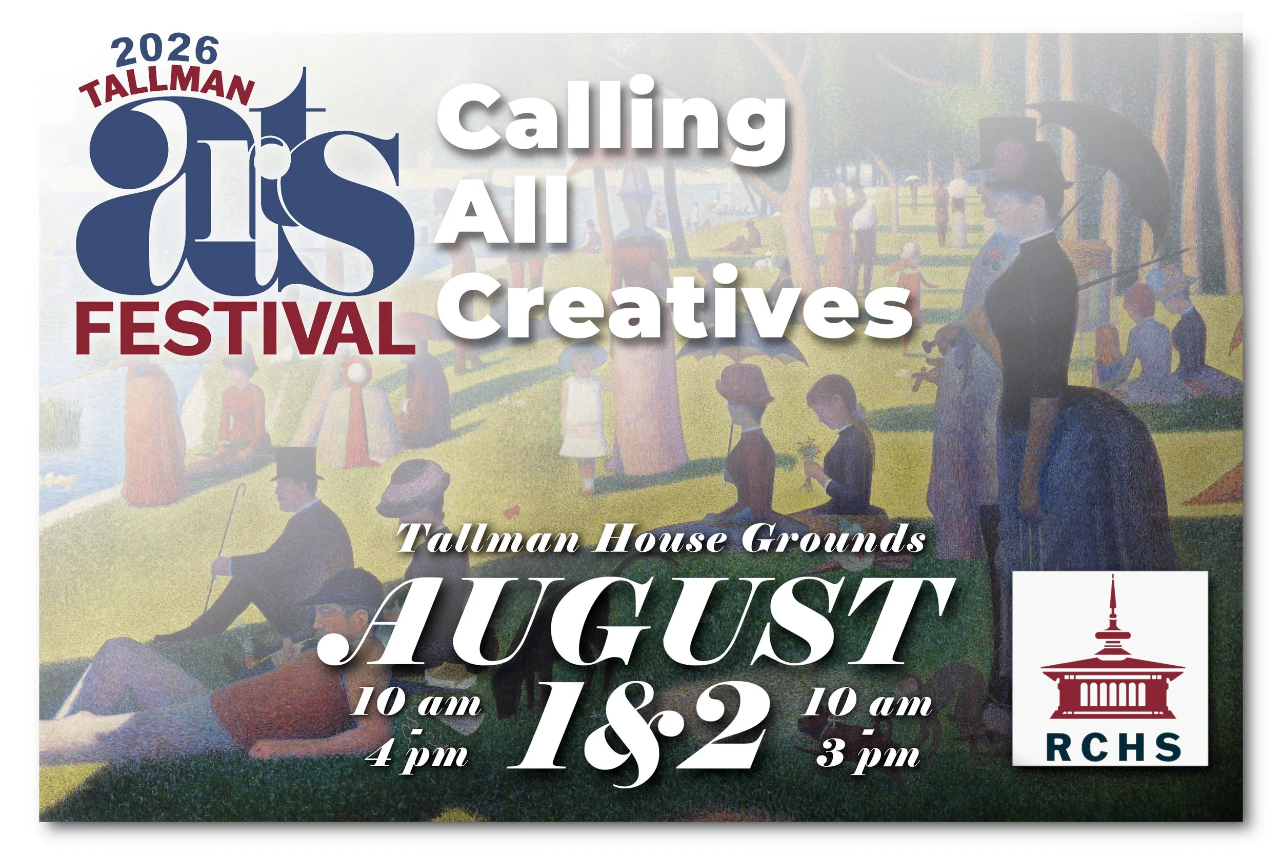 Event poster for the 2026 Tallman Art Festival calling all creatives, scheduled at Tallman House Grounds on August 19 and 19, from 10 am to 4 pm and 10 am to 3 pm respectively, featuring an illustration of a park scene with people and trees.