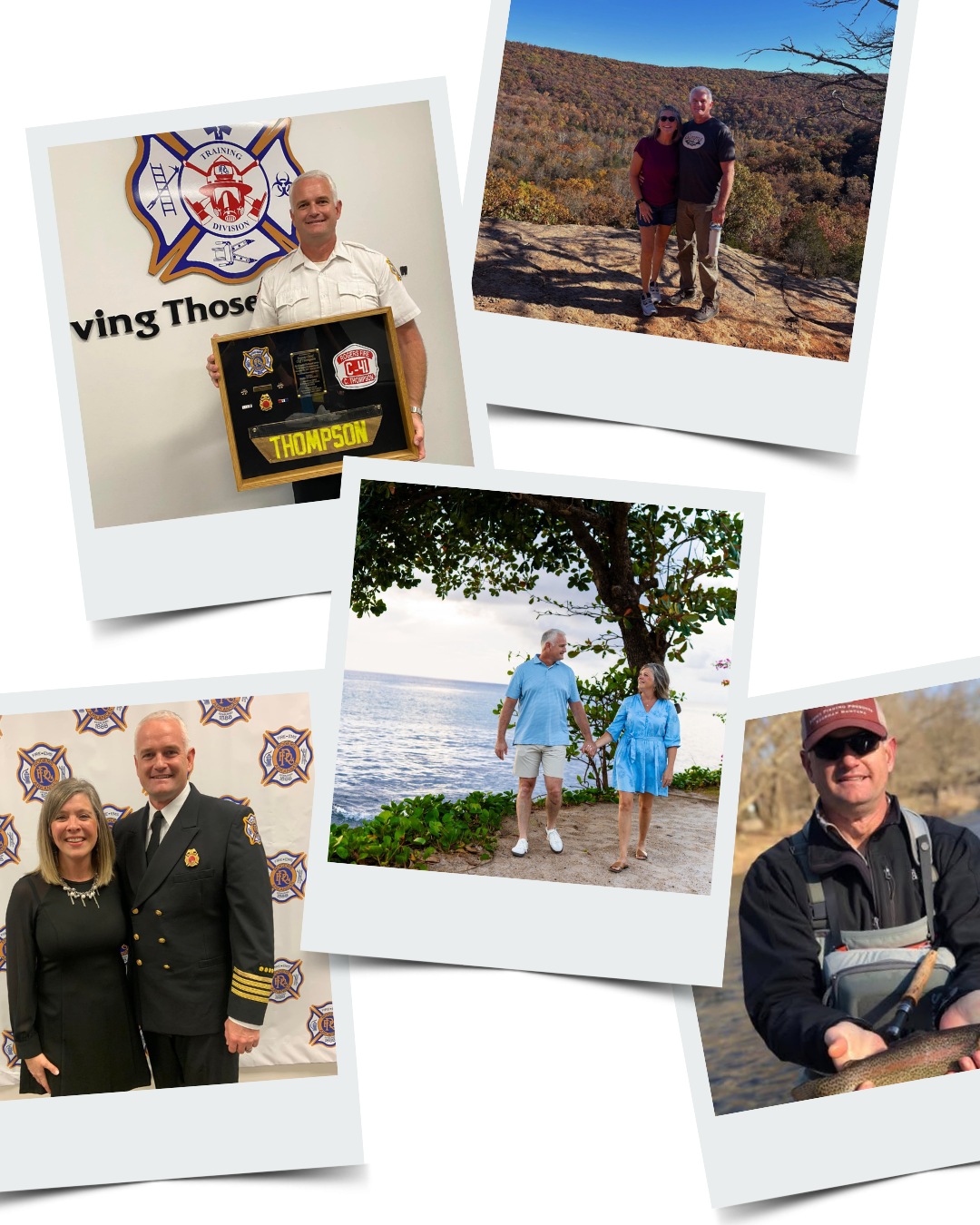A collage of five photos showing a man in various settings: at a fire department event, on a mountain overlook, walking with a woman at the beach, at a police event, and fishing with a man and a woman outdoors.