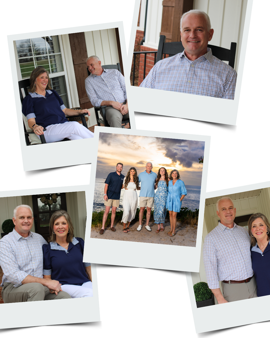 Collage of five photos including a man and woman sitting on a porch, a close-up of the man, a family group on the beach at sunset, and a man and woman posing together indoors.