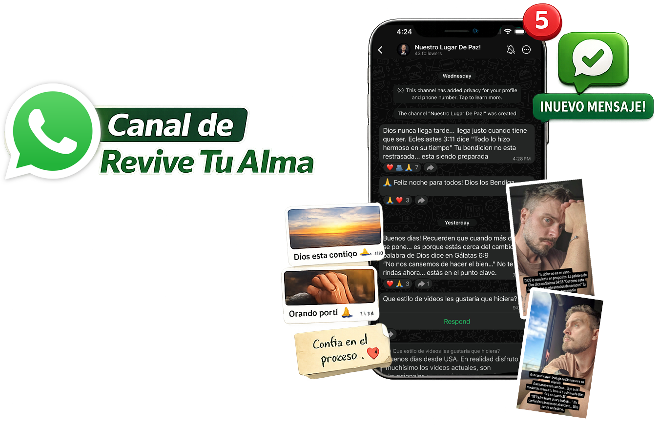 Promotional graphic for a WhatsApp channel called 'Revive Your Soul' featuring several screenshots of WhatsApp messages, a man in a thoughtful pose, and messages encouraging faith, prayer, and spiritual inspiration.