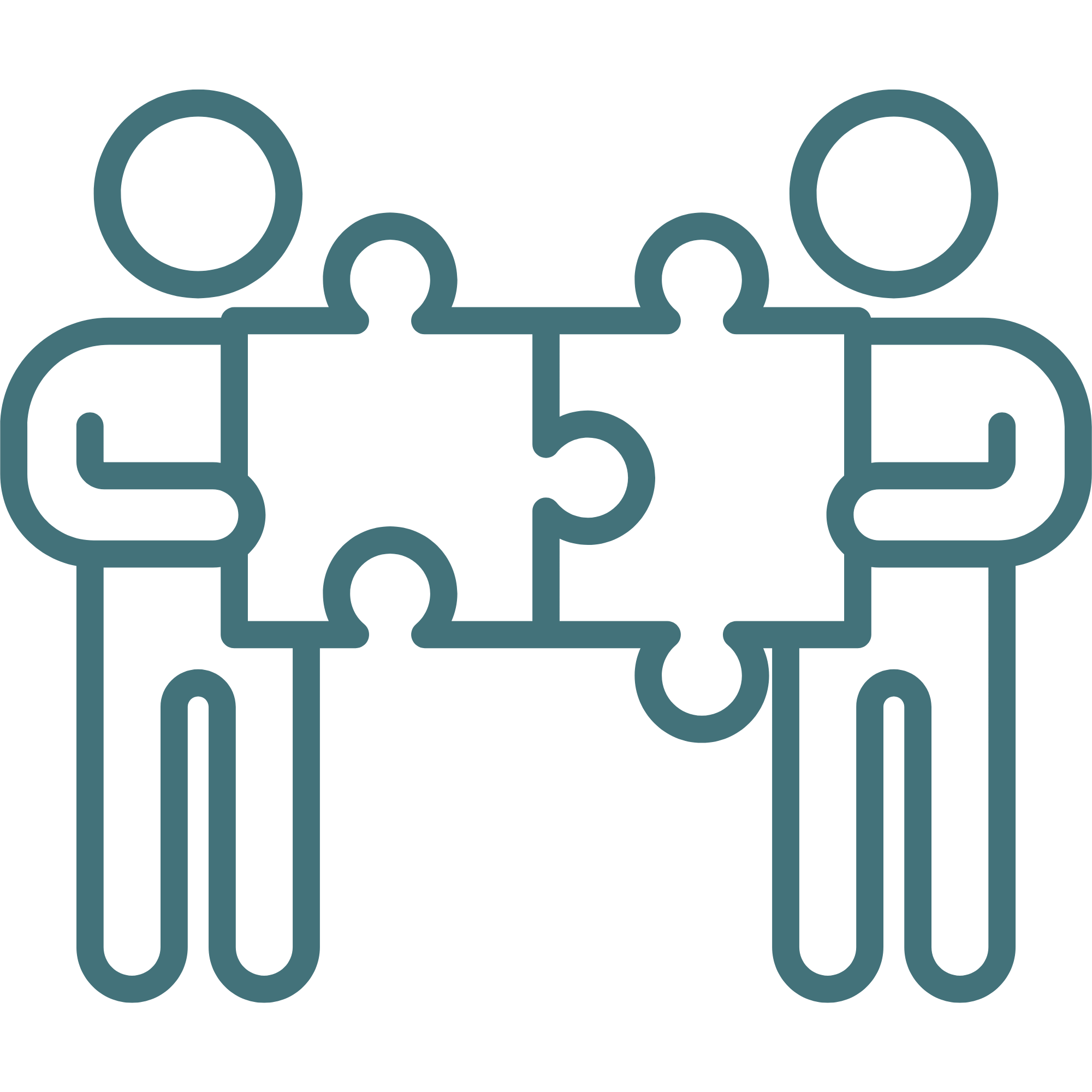 Line drawing of two people holding puzzle pieces fitting together.