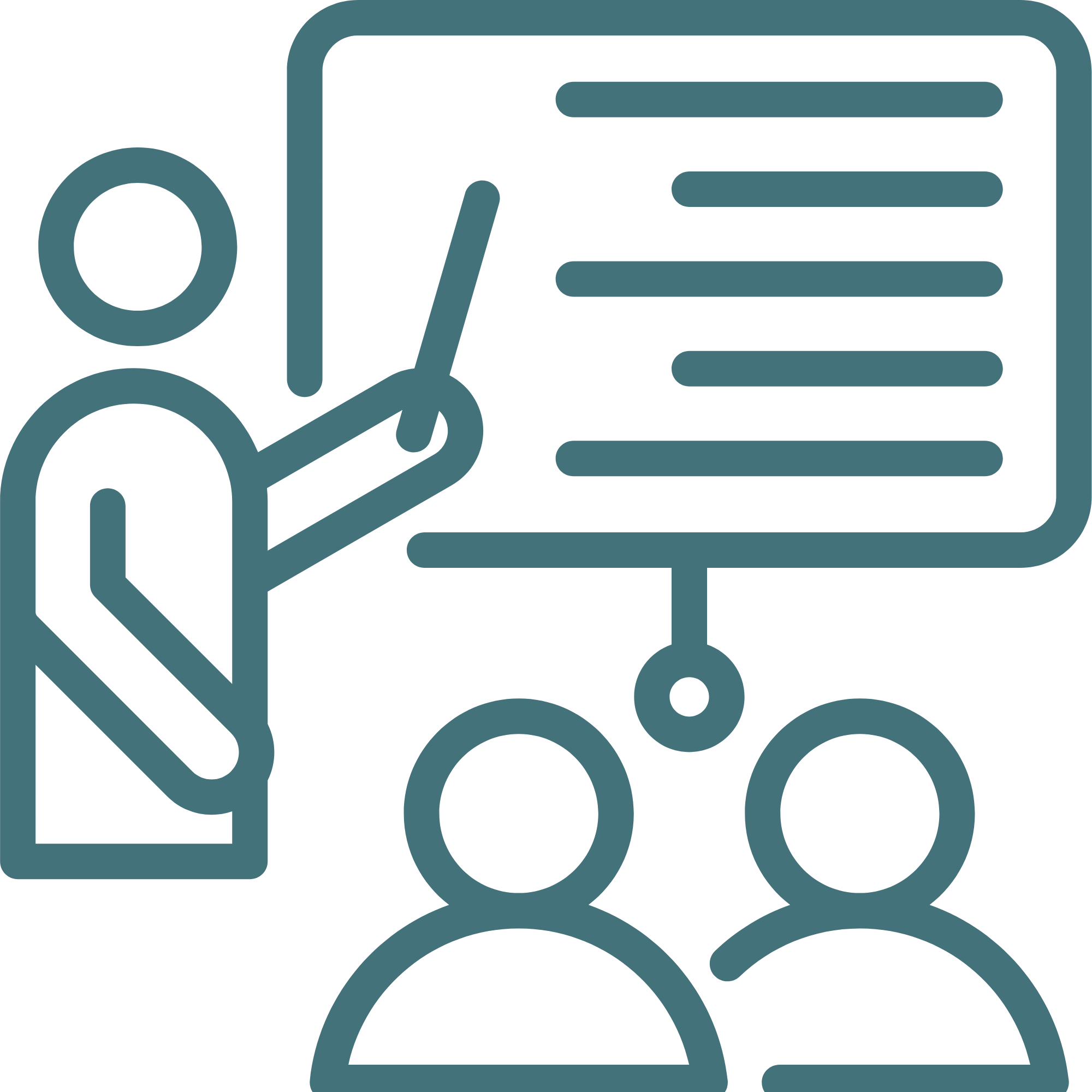 An icon of a person pointing at a presentation board with lines of text, leading a discussion with two seated audience members.