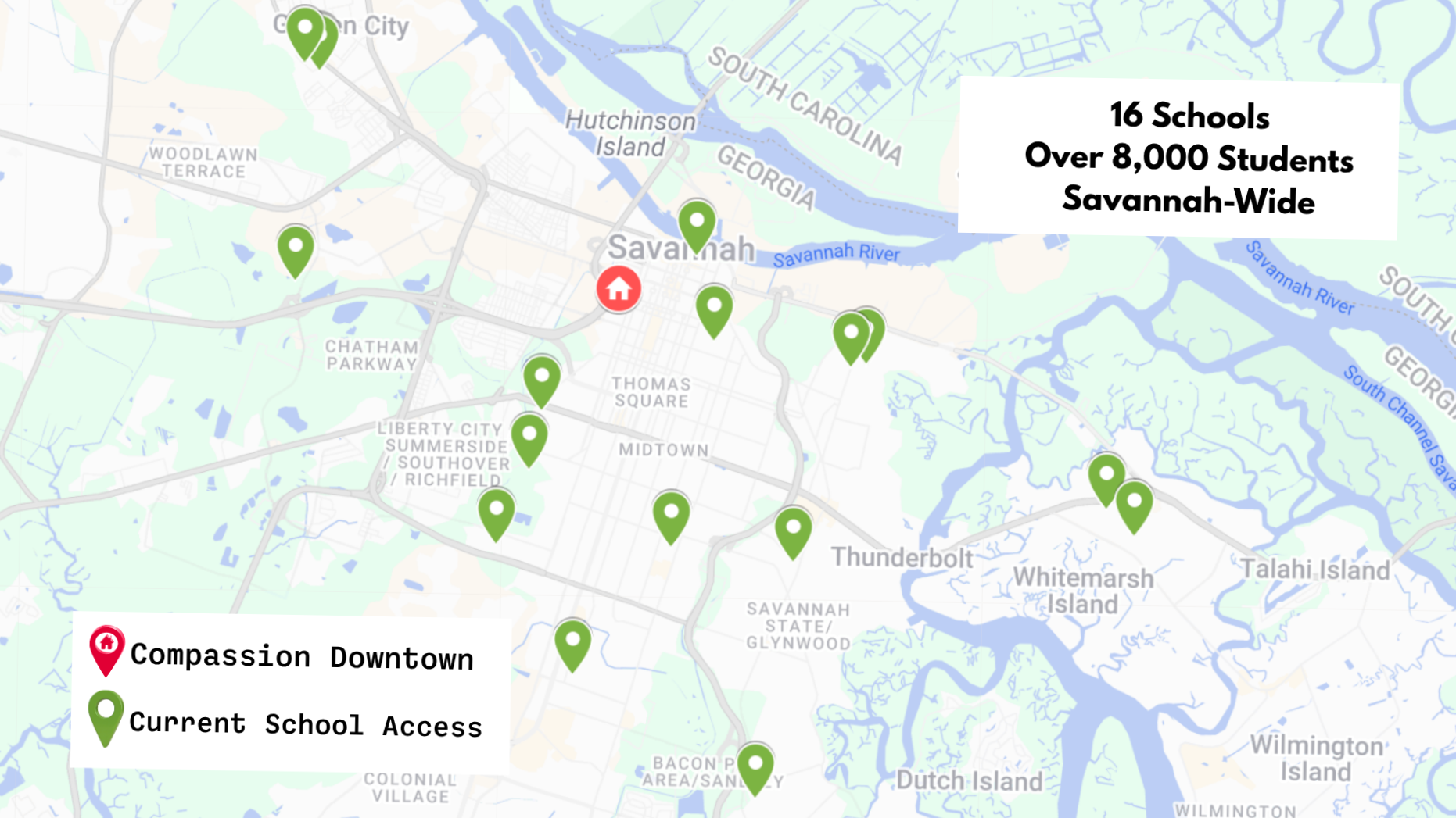 Map of Savannah, Georgia highlighting the locations of 16 schools with markers indicating current school access in green and Compassion Downtown in red, along with a label stating there are over 8,000 students across the Savannah area.