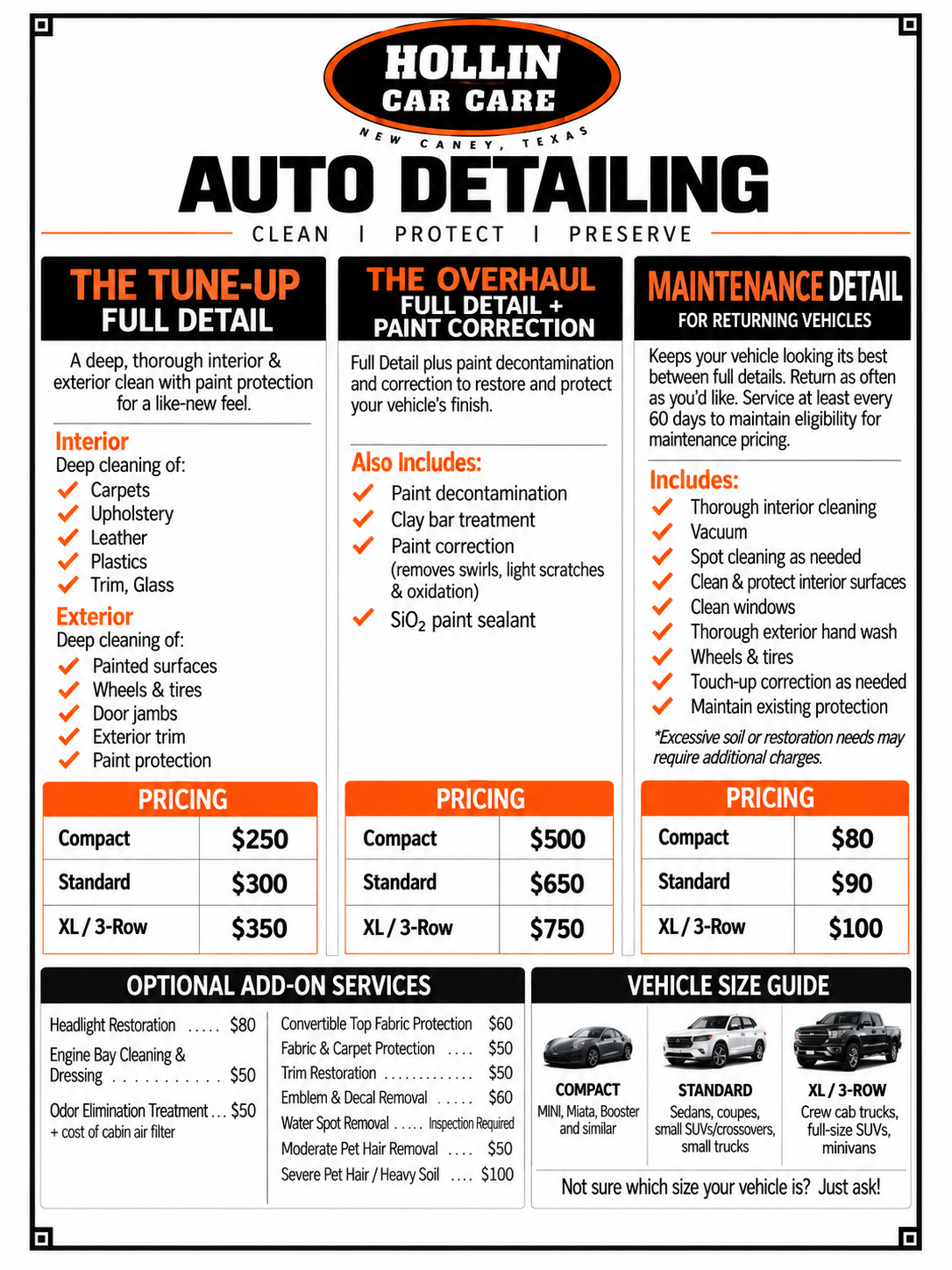 A detailed infographic for Hollin Car Care in New Caney, Texas, listing auto detailing services including Tune-Up, Overhaul, and Maintenance with pricing, optional add-on services, and vehicle size guide.