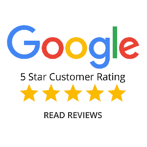 Google logo with five gold stars representing 5-star customer reviews and a 'Read Reviews' prompt.