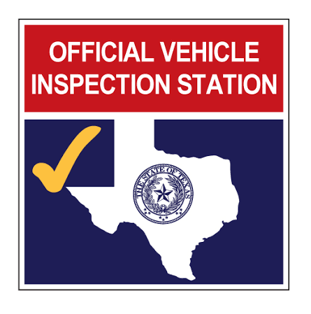 Sign for an official vehicle inspection station in Texas, featuring a checked mark over the Texas state outline and the Texas state seal.