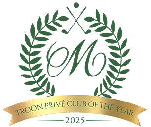 A gold ribbon with the text 'Troon Privé Club of the Year' surrounds a green laurel wreath with a stylized golf club and ball in the center, representing a golf club award.