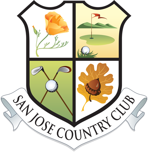 San Jose Country Club emblem with a yellow flower, a golf course with a flag and golf ball, crossed golf clubs with a golf ball, and a maple leaf with a chestnut, all in a shield shape.