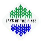Logo of Lake of the Pines, featuring stylized green pine trees and blue water waves with the text 'Lake of the Pines'