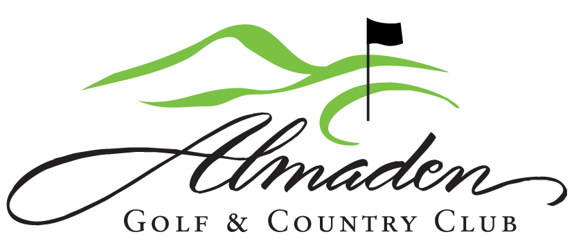 The logo for Almeden Golf & Country Club featuring stylized green hills and black cursive text.