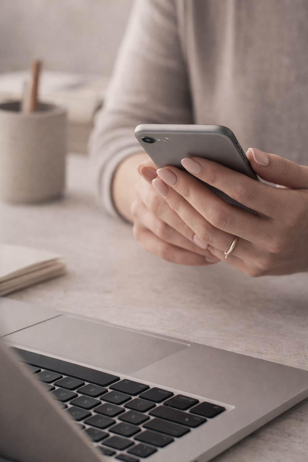 A person using a smartphone with a laptop on a desk, with a cup holding utensils in the background.