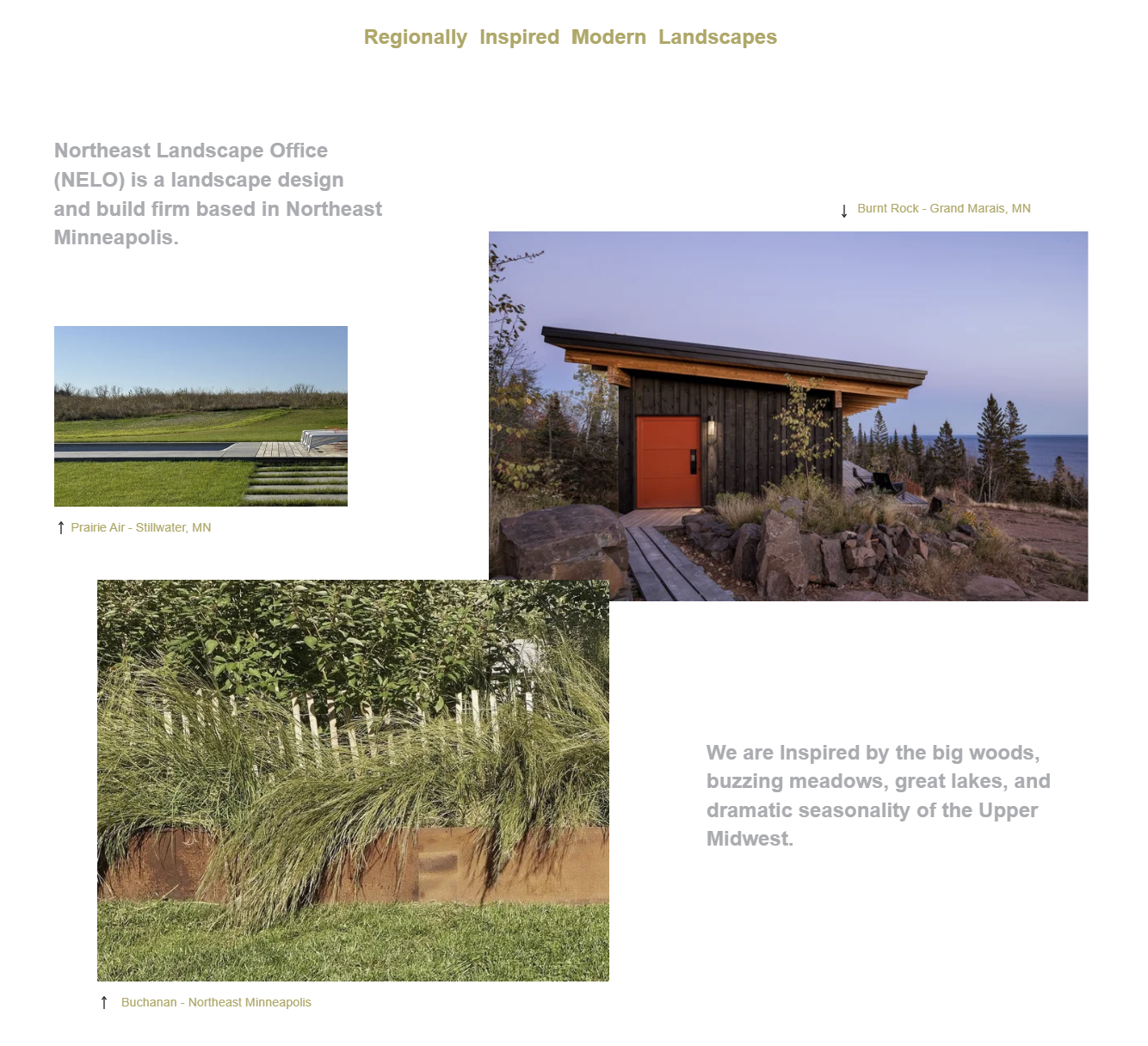 Collage of landscape images showing modern landscape design, including a black wooden structure with a red door overlooking a lakeside, a green field with steps and a wooden pathway, and a landscaped area with ornamental grasses and trees in Northeast Minneapolis.