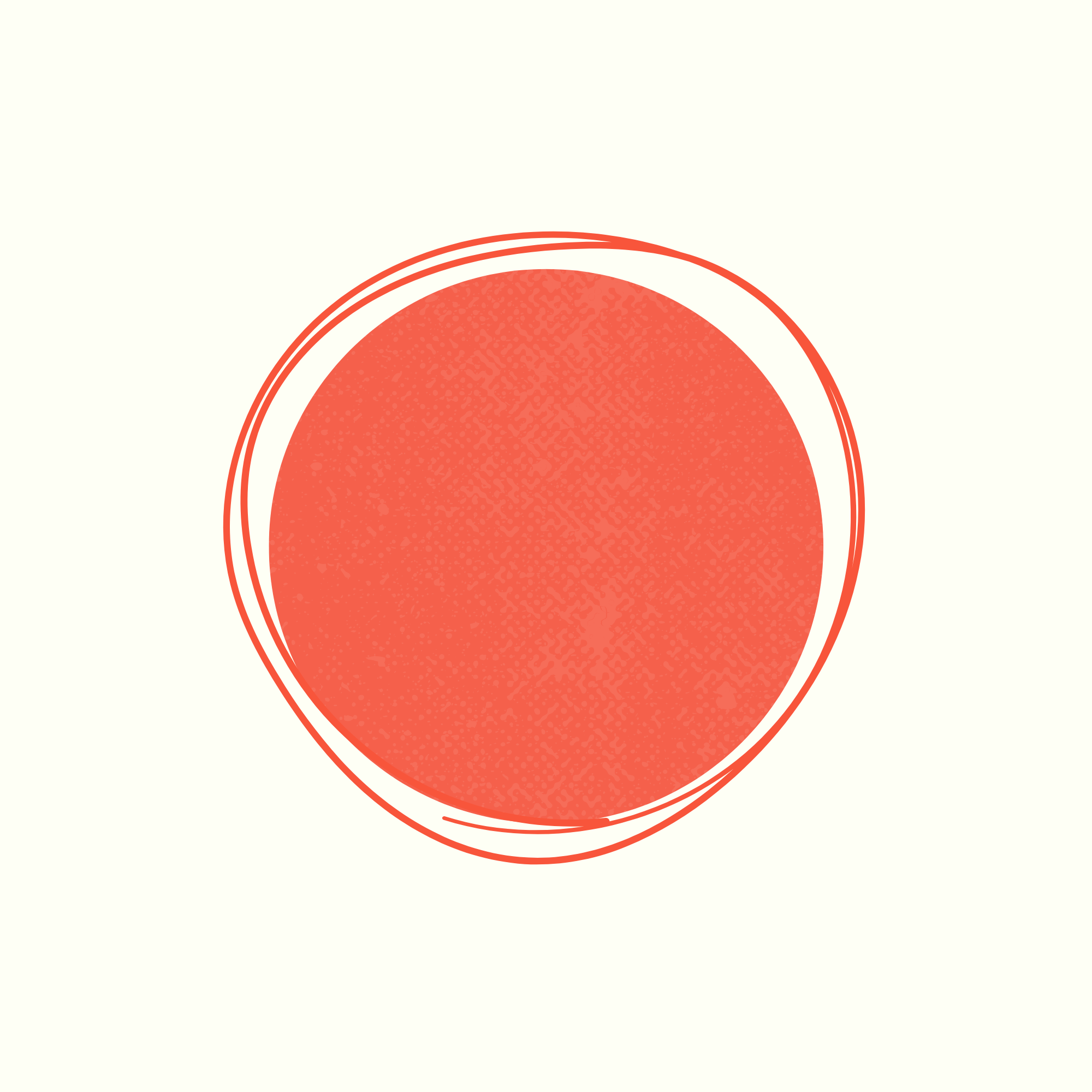 Close-up of a red-orange circular object with a textured surface and two white concentric rings around it on a light background.
