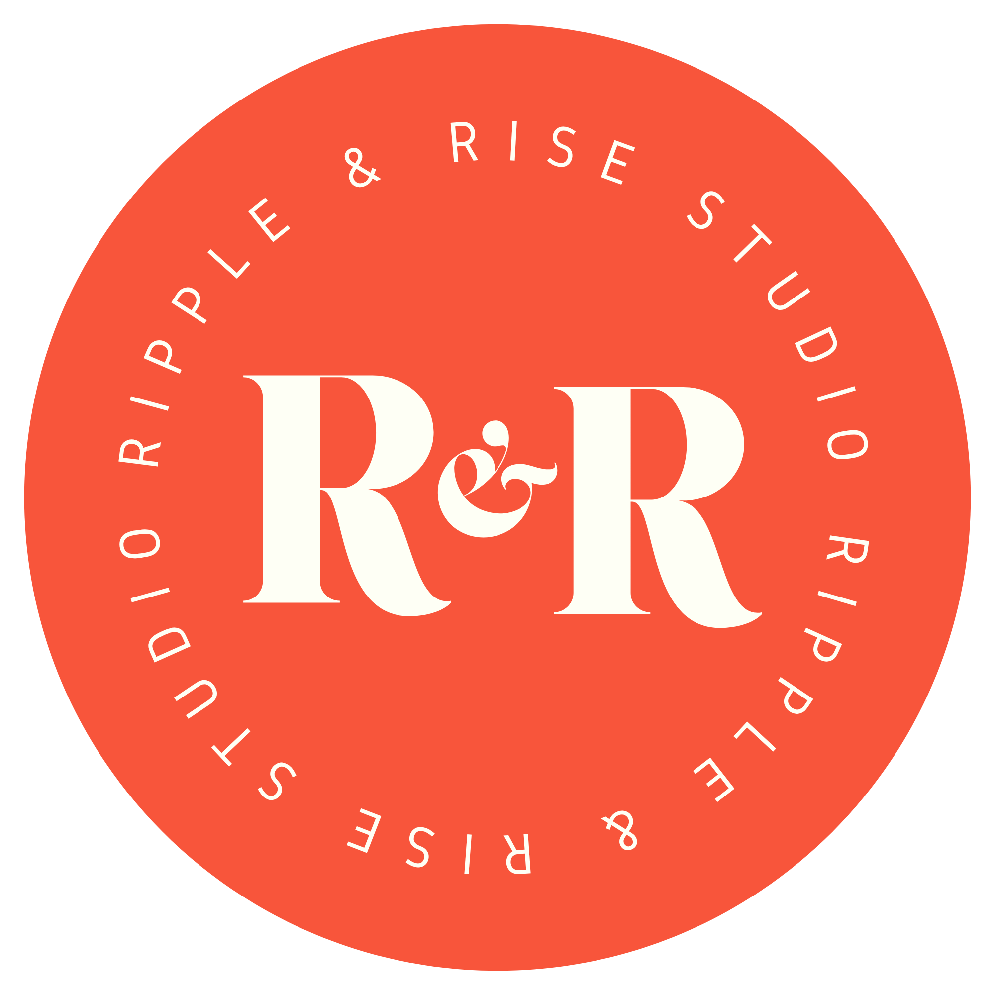Close-up of a round red logo with white text that reads 'Ripple & Rise Studio'
