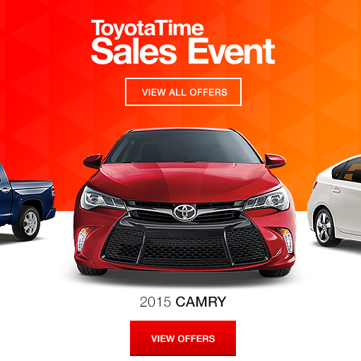 Advertisement for Toyota Time Sales Event featuring a red 2015 Camry in the center with a blue truck on the left and a white sedan on the right against an orange background with event details and call-to-action buttons.