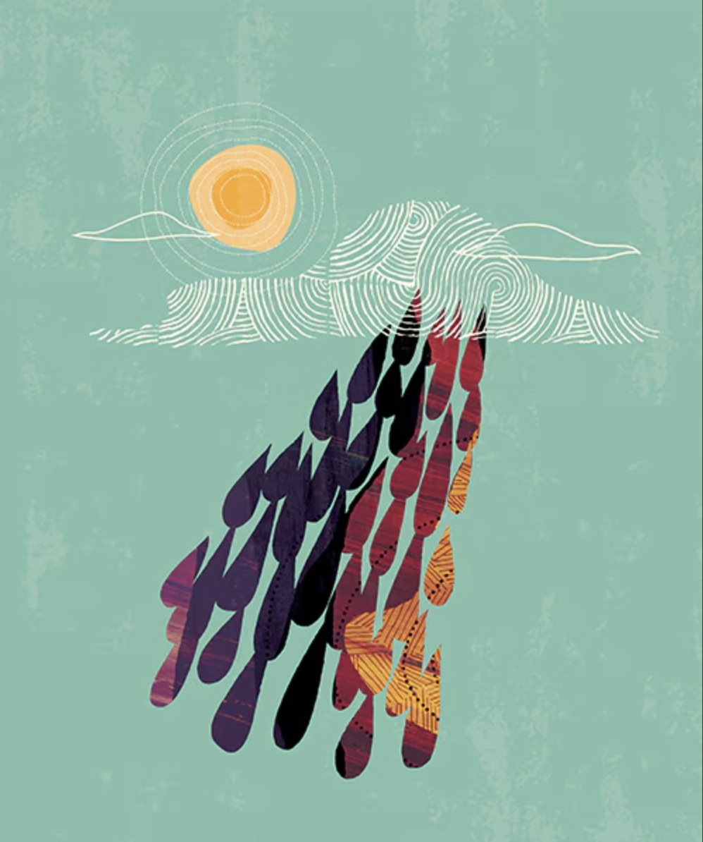 Abstract digital illustration of raindrops falling from a cloud with the sun in the background.