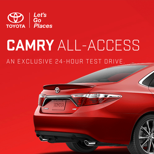 Red Toyota Camry on red background with promotional text about an exclusive 24-hour test drive.