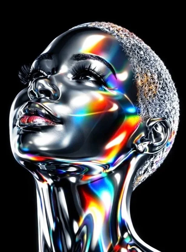 A futuristic, metallic portrait of a woman with short, curly platinum blonde hair, dark eyes, and lips, against a black background, with colorful light streaks reflecting on her face and neck.