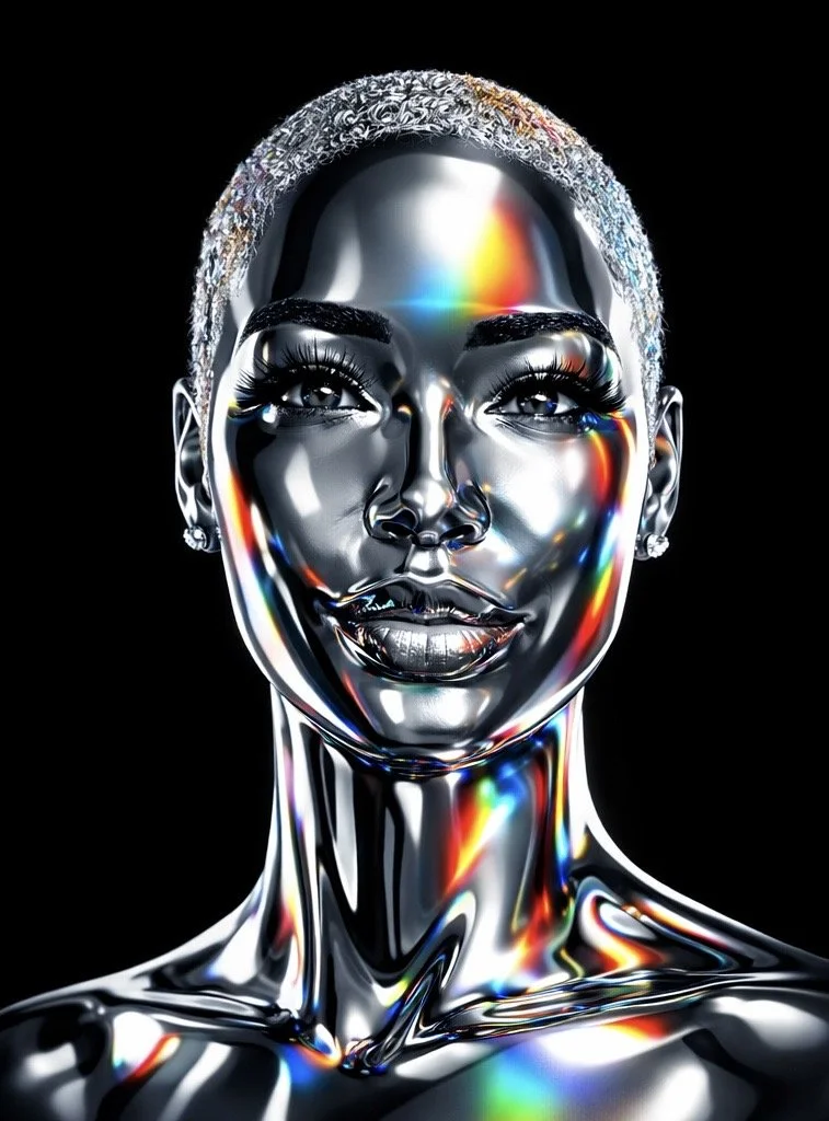 A futuristic metallic portrait of a woman with rainbow reflections, short hair, and jewelry, against a black background.