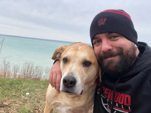 A walk along Lake Michigan with Truman (2012-2025) during the pandemic
