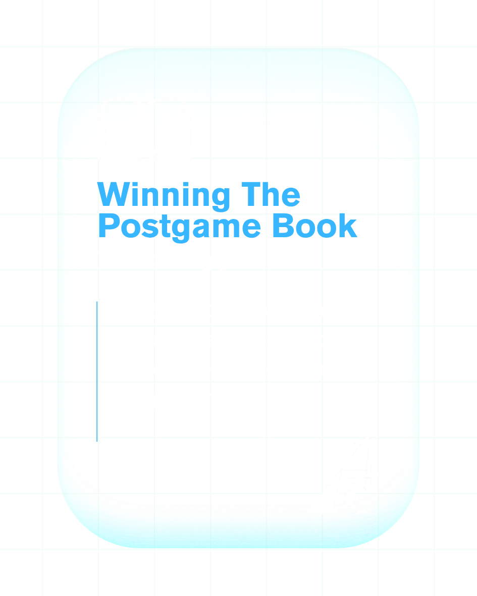 A book cover titled 'Winning The Postgame Book' with a light blue background and green border design.