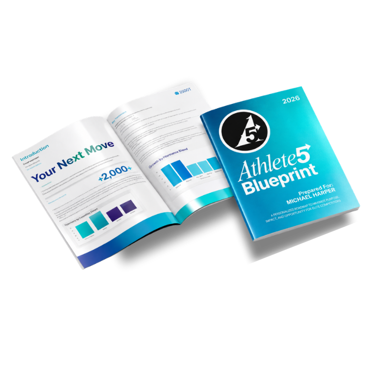 Open book with charts and graphs next to a closed blue booklet titled "Athlete 5 Blueprint" for 2026