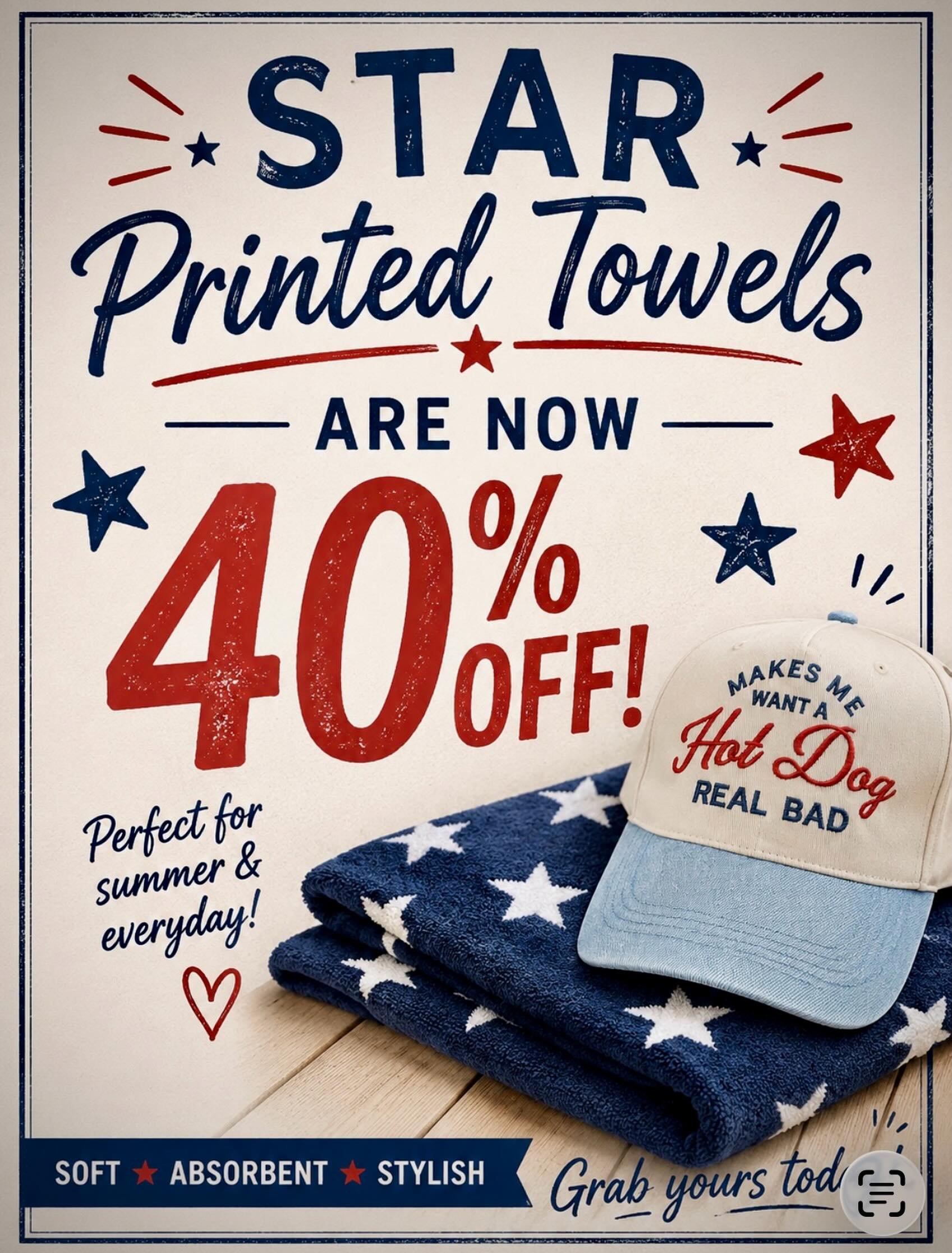 ⭐️ SUMMER SALE ⭐️

Our star print towels are now 40% OFF!

They&rsquo;re perfect for beach days, the lake, pool days, camping, or throwing in your beach bag all summer long. 🇺🇸☀️

And if you&rsquo;ve had your eye on one of our hats&hellip; they pai