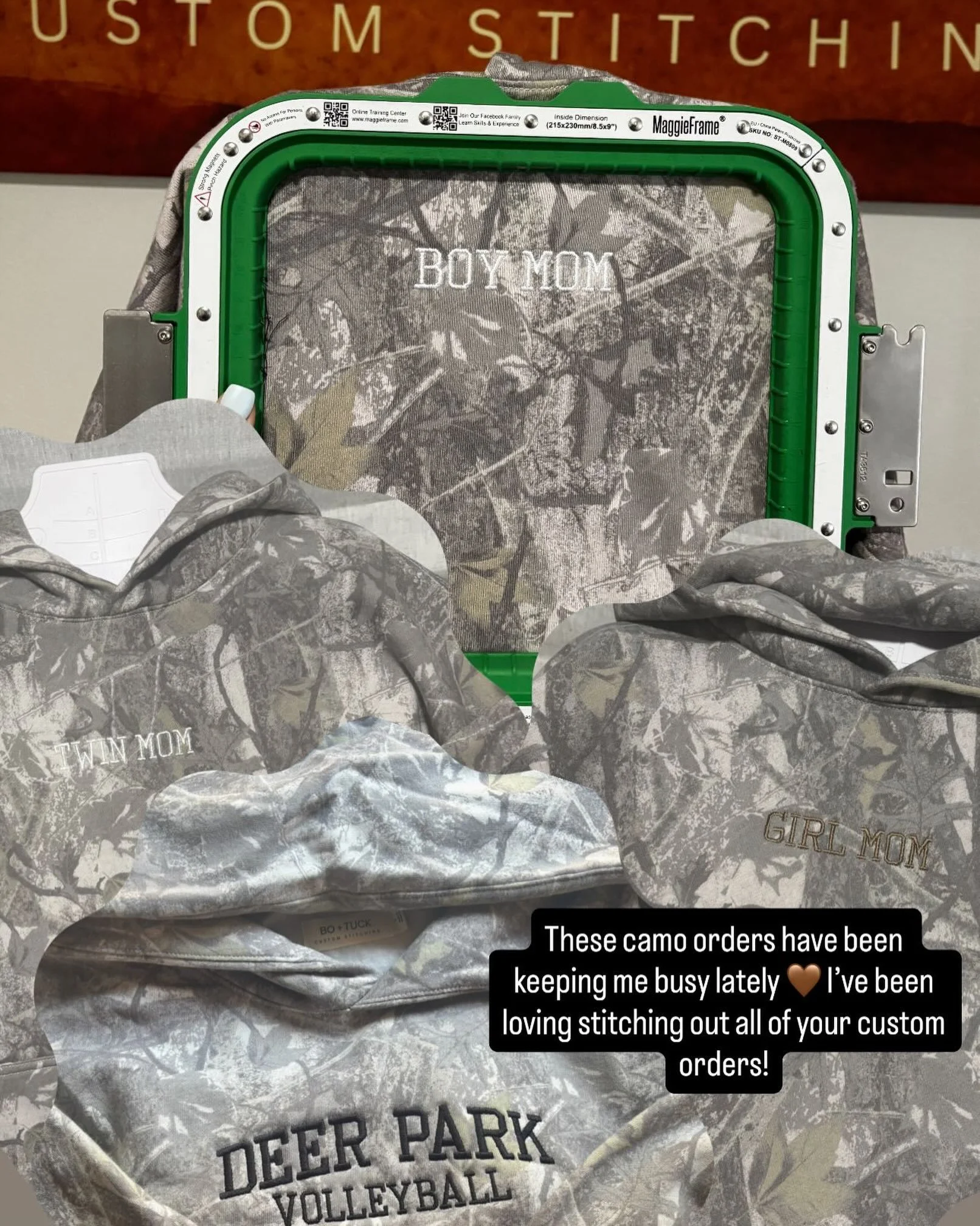 Camo has definitely been a favorite lately 🤎🌲

I&rsquo;ve been loving seeing all of your custom orders come to life! From business logos to names and custom designs, each one gets made just for you.

Have something in mind you&rsquo;d like embroide