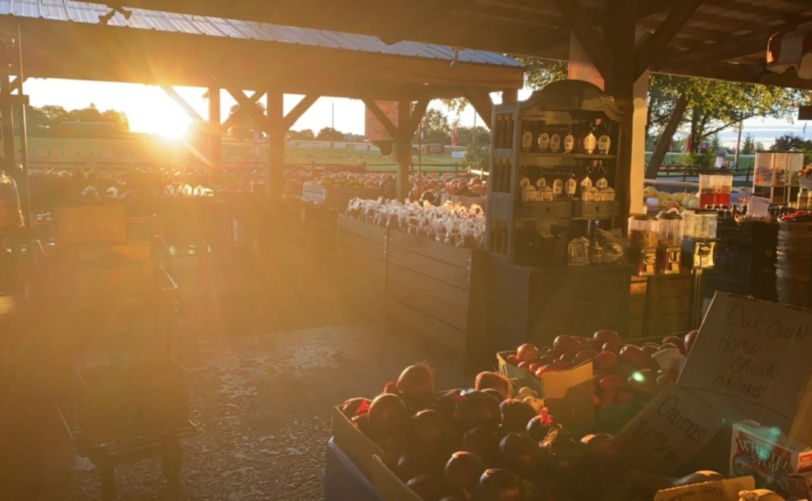 A view of a farm stand at sunset, with produce such as onions and gourds for sale displayed in containers and on shelves, beneath a wooden canopy.