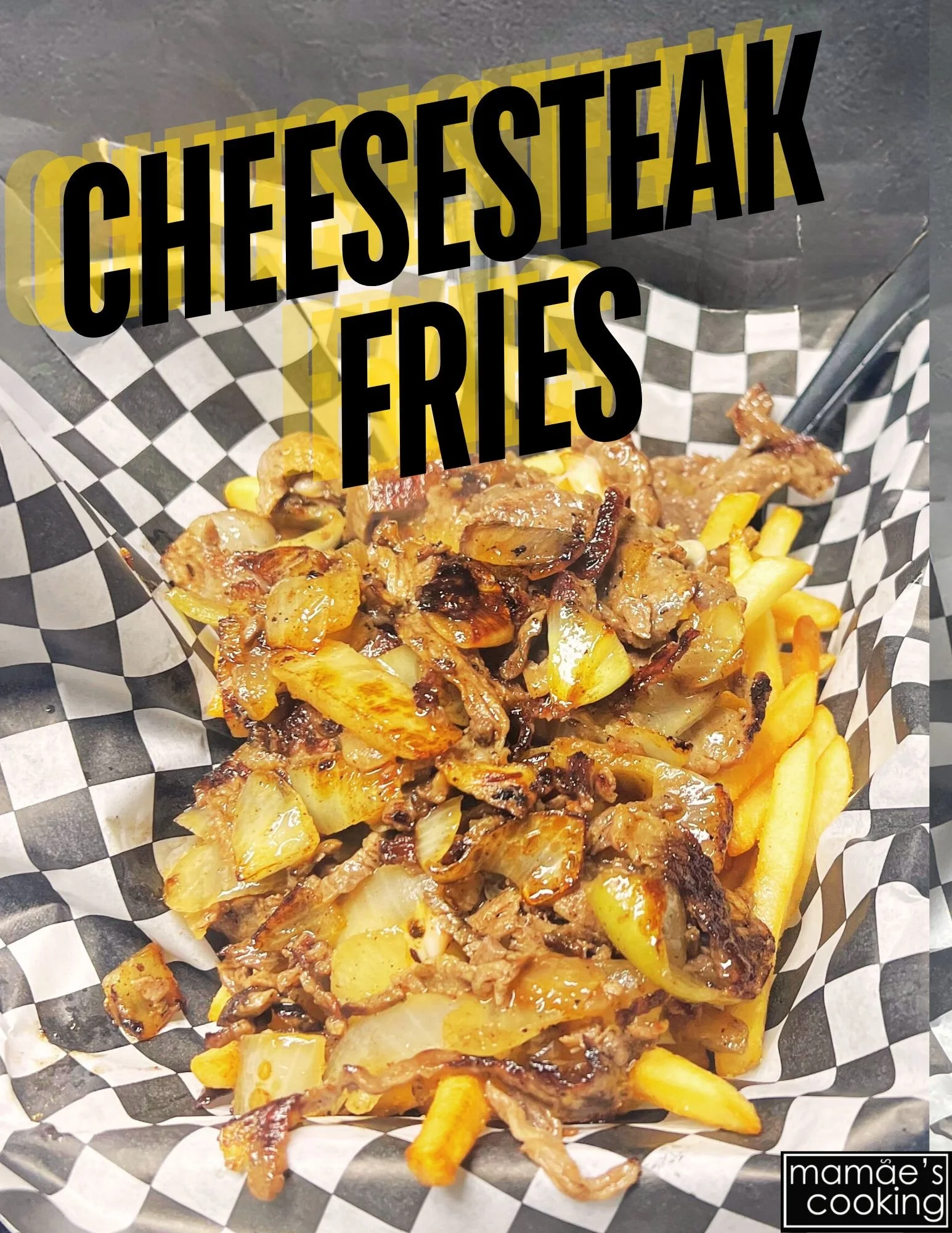 Basket containing cheesesteak fries with grilled onions and meat and sliced french fries