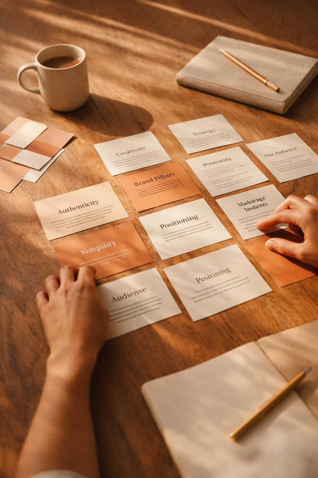 Person arranging concept cards on a wooden table for branding or marketing strategy, with a cup of coffee, notebooks, and color swatches nearby.
