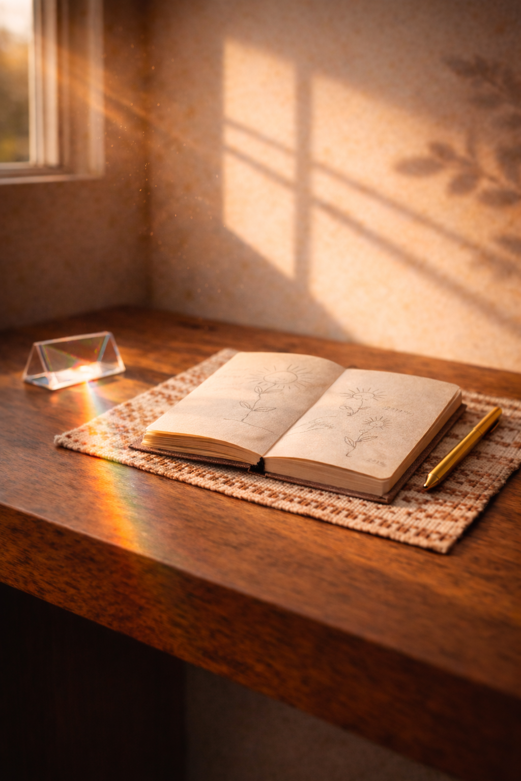 An open sketchbook with drawings of flowers, a gold pen beside it, on a wooden desk with a patterned cloth, illuminated by warm sunlight casting shadows through a window.
