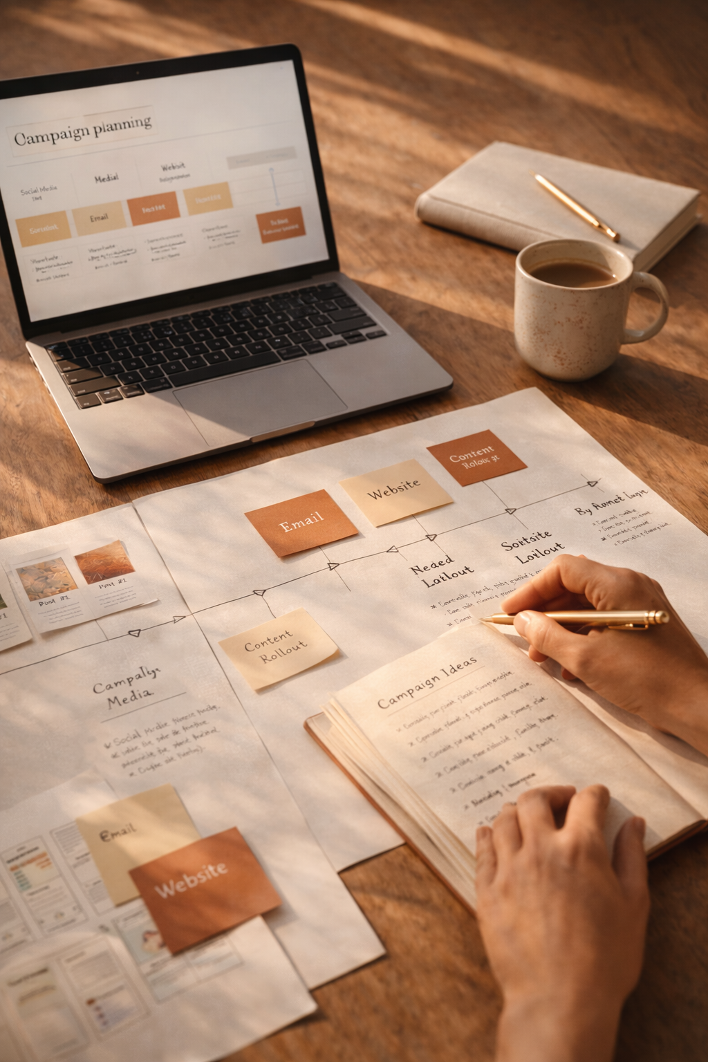 A person working on campaign planning with a laptop, printed charts and notes, a notebook, a pen, a cup of coffee, and a closed notebook on a wooden table.