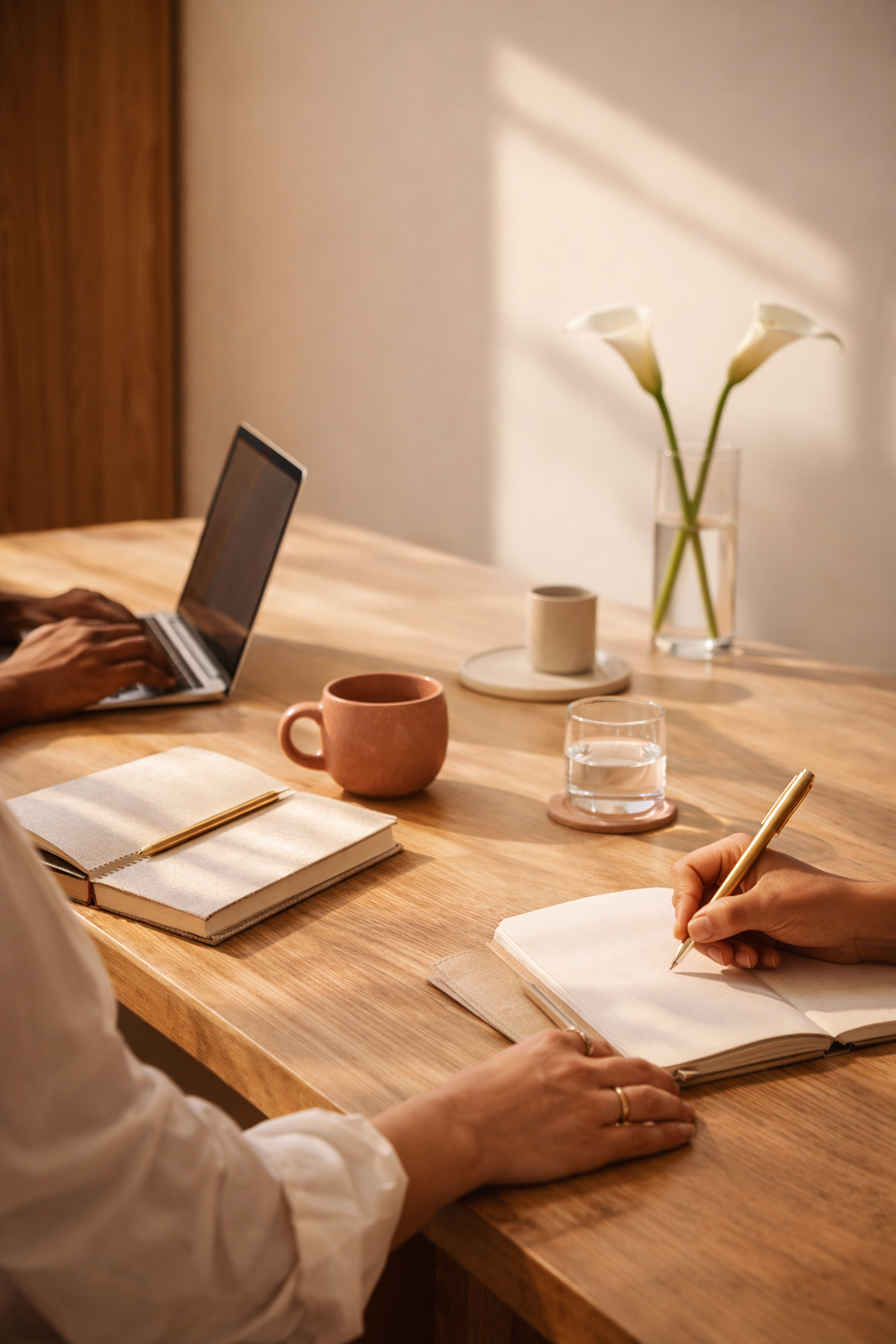 A wooden desk with a laptop, open notebook, and a person writing in it, a pink mug, a glass of water, a white mug on a tray, and a vase with white calla lilies in the background.