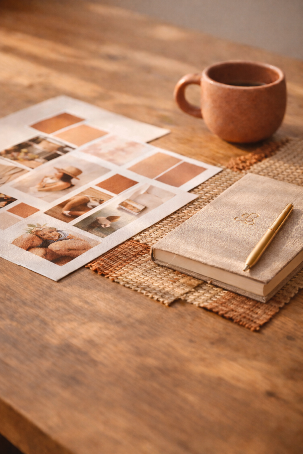 A wooden table with a mug, a small notebook with a gold pen, and several photo prints or polaroids arranged on a woven placemat.