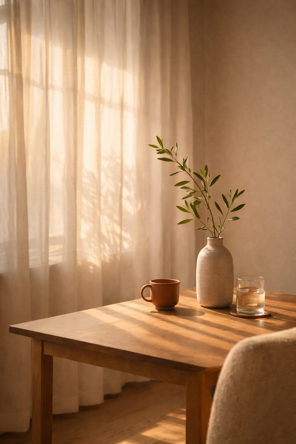 Sunlit wooden table with a white vase holding green leafy branches, a terracotta mug, a glass of water on a coaster, and a beige upholstered chair in a softly lit room with sheer curtains.
