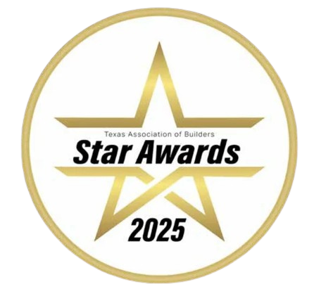 Gold and black circular badge for the Texas Association of Builders Star Awards 2025, featuring a gold star design.