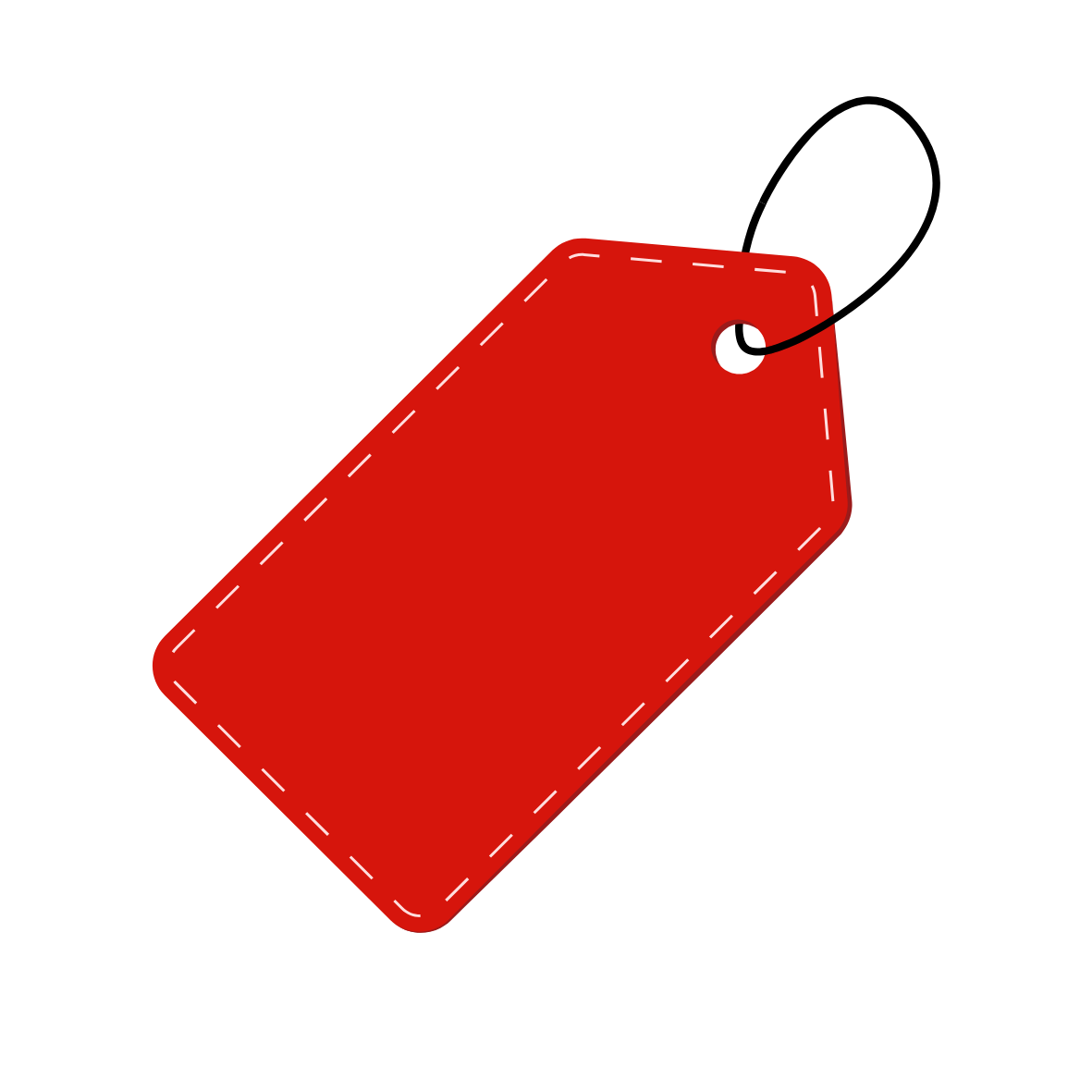 Illustration of a large red price tag with a black string loop at the top, set against a black background.